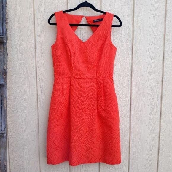 Ellen Tracy Sheath Dress V-neck Keyhole Cutouts Animal Textured Pockets Orange - Picture 12 of 12